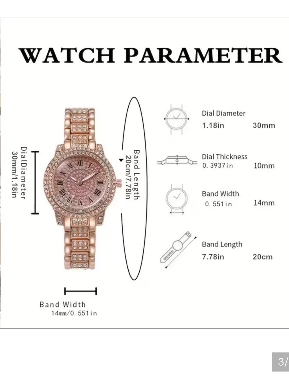 Women's Sparkling Rose Golden Adorned Quartz Watch with Roman Numeral Dial - Picture 3 of 8